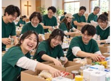 실내에서 웃으며 나눔 물품을 포장하는 사람들