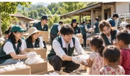 야외에서 물품을 나누며 아이들과 마주하는 사람들